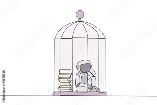 Continuous one line drawing astronaut trapped in the cage sitting down frustrated. Stress with piling up unfinished work until close to deadline. Exhausted. Single line draw design vector illustration