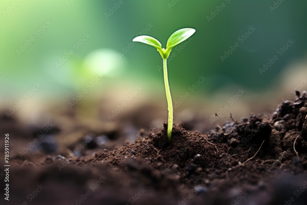 Fototapeta premium Germination: Close-up of a seedling emerging from the soil.