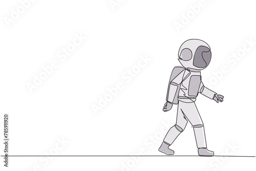 Single one line drawing young astronaut walking to canteen to break and lunch. Taking time for a while to hone ideas back into brilliant ideas. Success. Continuous line design graphic illustration
