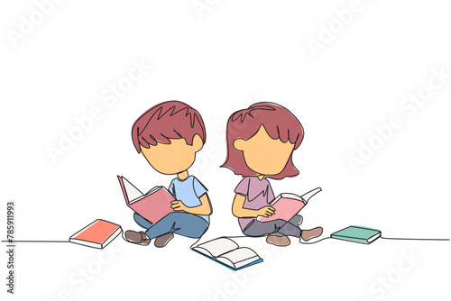 Single continuous line drawing kids sitting relaxed in a library reading a lot of books. Looking for answers to school assignments. Reading hobby. Book festival. One line design vector illustration