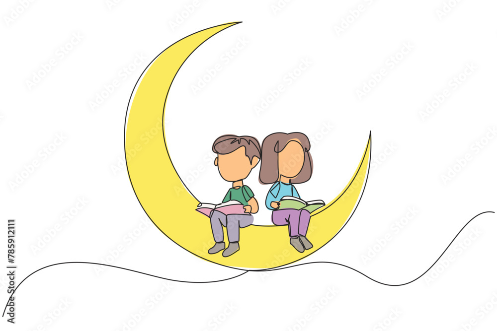 Single continuous line drawing kids sitting on crescent moon reading book. Metaphor of reading story before bed. Passionate about reading in any condition. Book festival. One line vector illustration - obrazy, fototapety, plakaty 