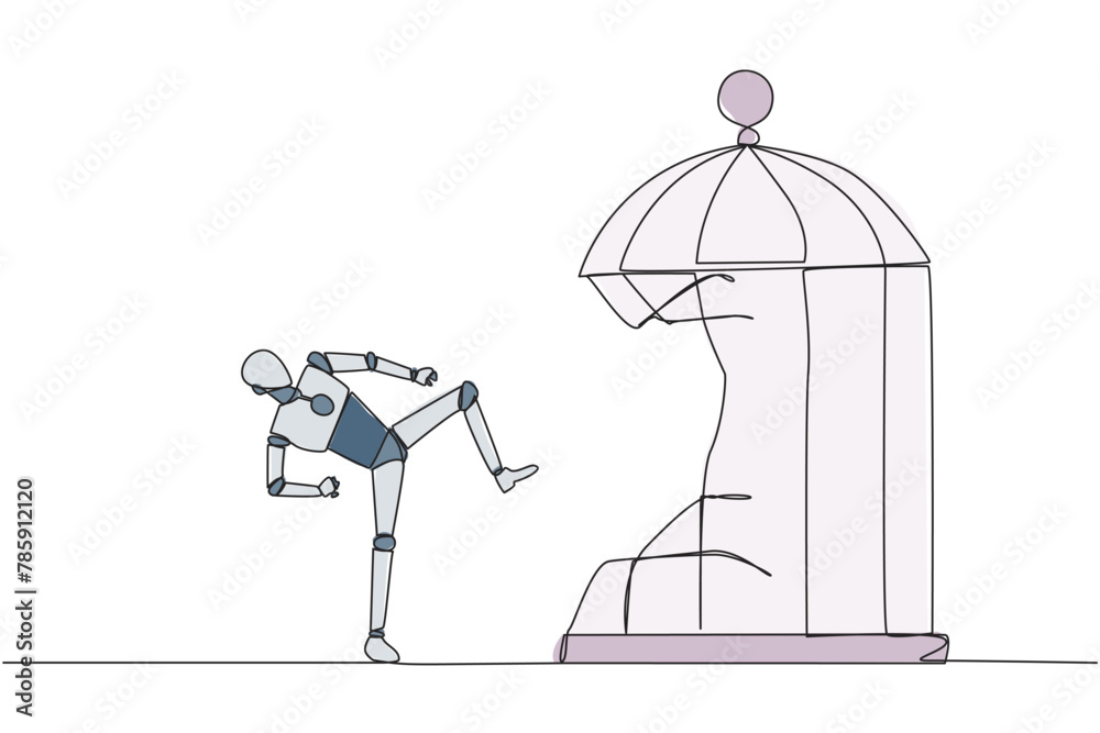 Continuous one line drawing taekwondo robot destroy the cage with the kick. Metaphors remove the comfort zone trap. A genius entrepreneur for the company. Single line draw design vector illustration Continuous one line drawing taekwondo robot destroy the cage with the kick. Metaphors remove the comfort zone trap. A genius entrepreneur for the company. Single line draw design vector illustration