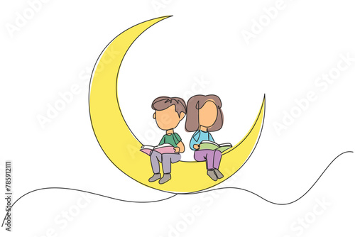 Single continuous line drawing kids sitting on crescent moon reading book. Metaphor of reading story before bed. Passionate about reading in any condition. Book festival. One line vector illustration