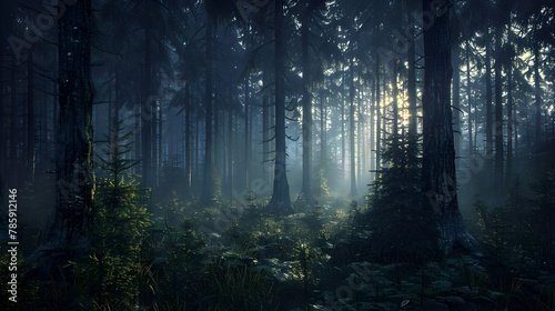 Ethereal Solace:Glimpsing the Primeval Essence of an Untamed Forest Landscape photo