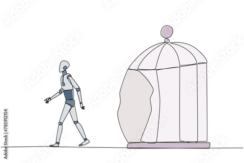 Continuous one line drawing robot trapped in cage and walking penetrate cage. Metaphor seeking new challenges and experiences for better future. AI tech. Single line draw design vector illustration