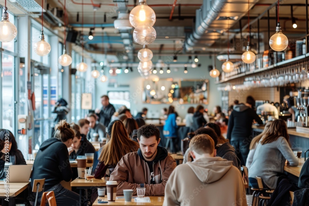 Crowds of young people inside a modern restaurant