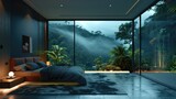 Interior luxury jungle home bedroom with a view of a vast tropical forest on a dark stormy night. Generative AI.