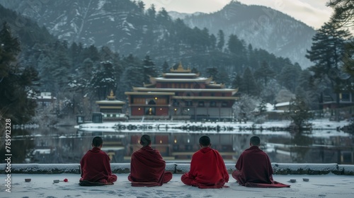Snowy landscape with meditating Tibetan monks photo