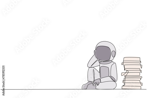Continuous one line drawing astronaut sitting near piles of work files. Too much work is stressful. Putting off work makes work neglected. Tired. Unhappy. Single line draw design vector illustration