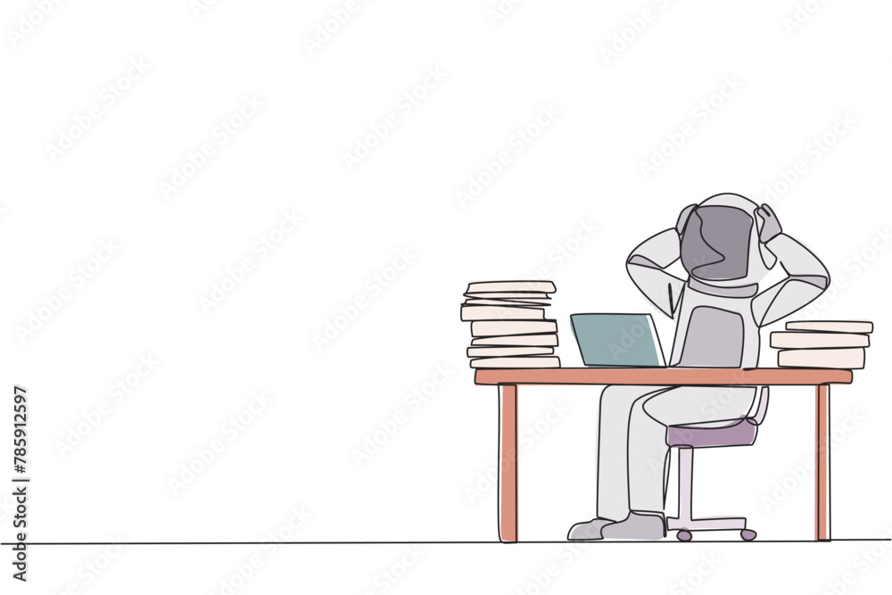 Fototapeta premium Single one line drawing young astronaut sitting on office chair. Curious to see stock price on a laptop screen that don't increase. Stressful astronaut. Continuous line design graphic illustration