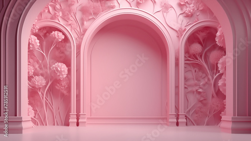 pink floral 3d background  in the style of dreamlike architecture  lightbox  arched doorways