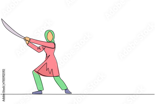 Single one line drawing Arab businesswoman holding samurai. Stylized like samurai athlete guarding business. Prepared to eliminate disrupt business growth. Continuous line design graphic illustration