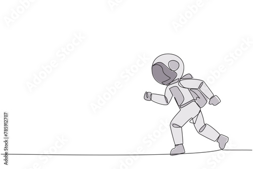 Continuous one line drawing young astronaut doing light exercise. Running aims to maintain heart health. Astronaut with healthy life style. Good mental. Single line draw design vector illustration