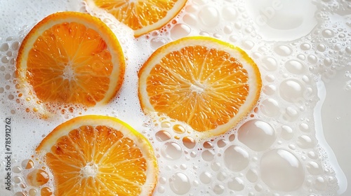 A juicy orange slice splashing into milk, the bright orange color contrasting against the white milk and creating a refreshing and lively scene.