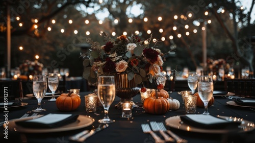 Autumn outdoor dining setup with fairy lights, perfect for seasonal events and gatherings.