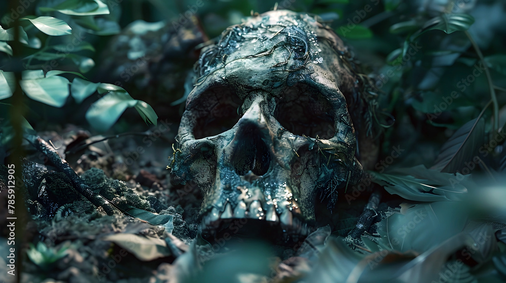 Forgotten Skull Entombed in Untamed Jungle Undergrowth,Abandoned and Sinister Presence Lurking in the Shadows