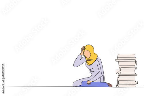 Single continuous line drawing Arabian businesswoman sitting near piles of work files. Too much work is stressful. Putting off work makes work neglected. Tired. One line design vector illustration