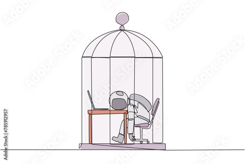 Continuous one line drawing astronaut trapped in the cage asleep on laptop. Tired of repetitive routines. The many deadlines require overtime every day. Single line draw design vector illustration