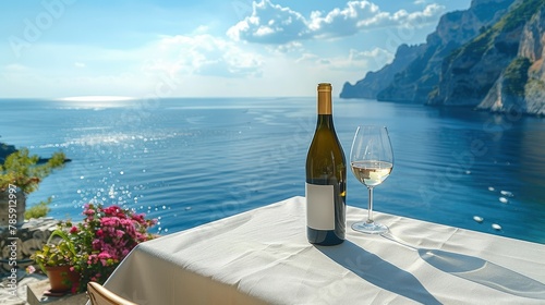 Fototapeta Naklejka Na Ścianę i Meble -  Bottle of wine on empty table with water view and coast in the distance, bright and sunny, overlooking water views. Generative AI.