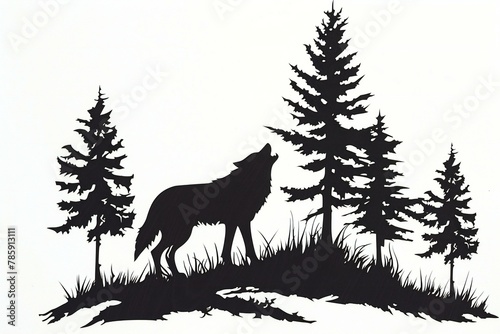 Wolf and pine trees - Chinese paper-cut works on white background