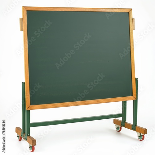 Empty green chalkboard with wood frame and wheels isolated on white, versatile for education concepts.