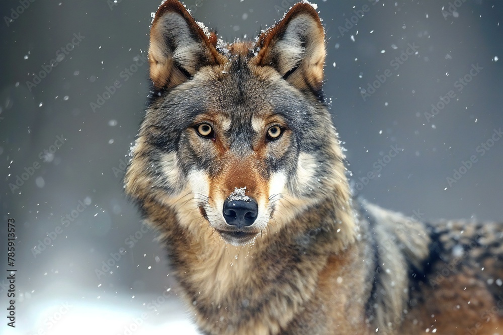 Portrait of a wolf on a background of the winter forest