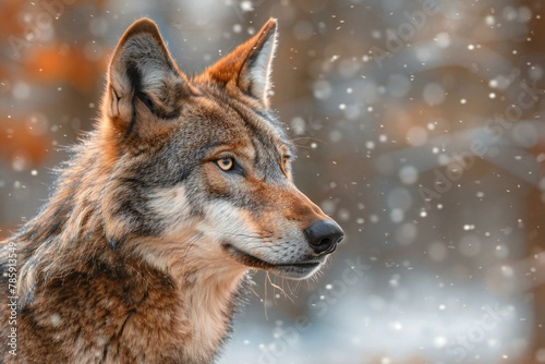 Portrait of a wolf in the winter forest, Close-up