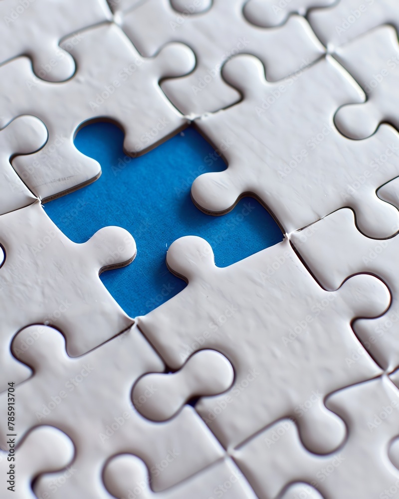A white jigsaw puzzle with one blue piece missing, symbolizing the last piece of an elegant and minimalistic pattern, closeup shot, macro photography, studio lighting, sharp focus, white background, h A white jigsaw puzzle with one blue piece missing, symbolizing the last piece of an elegant and minimalistic pattern, closeup shot, macro photography, studio lighting, sharp focus, white background, h