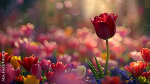Field of tulips in radiant light, symbolizing growth and new beginnings.