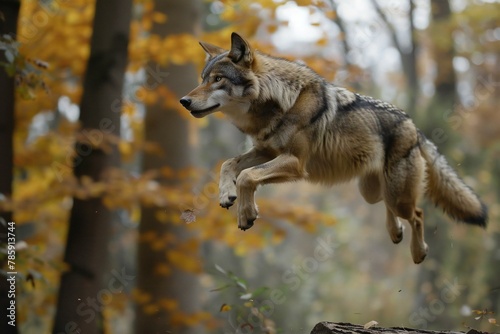 Wolf jumping in the autumn forest - canis lupus signatus photo