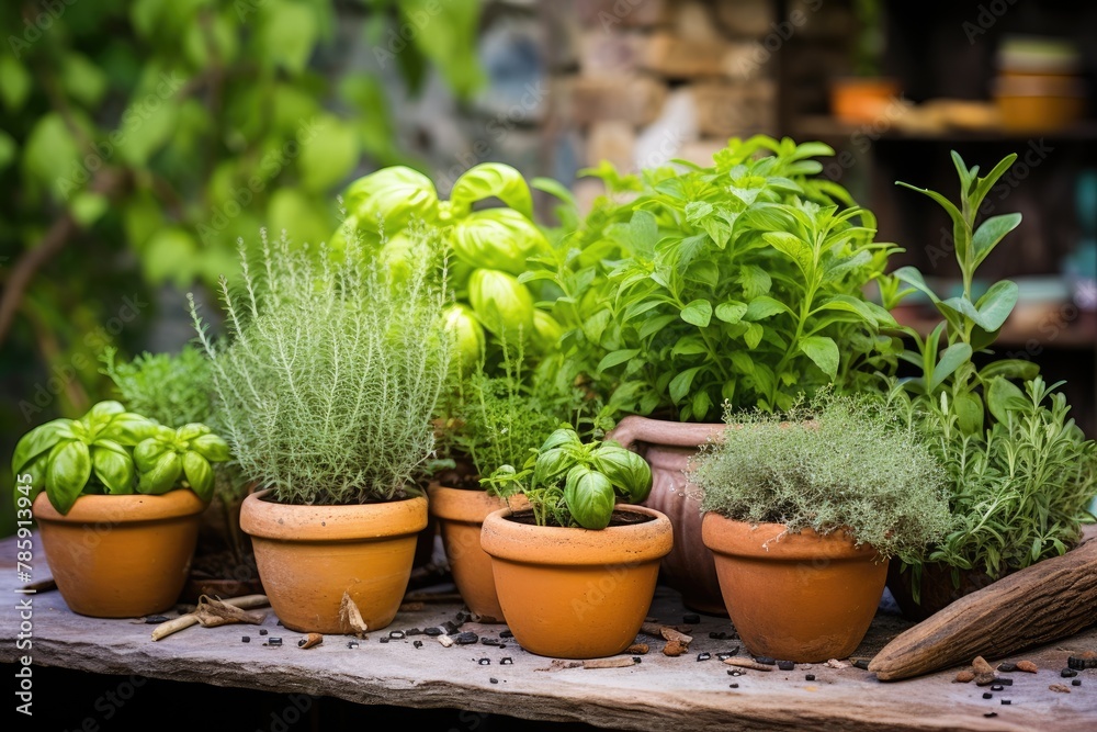 Herb Garden: Various herbs thriving in small pots. Herb Garden: Various herbs thriving in small pots.