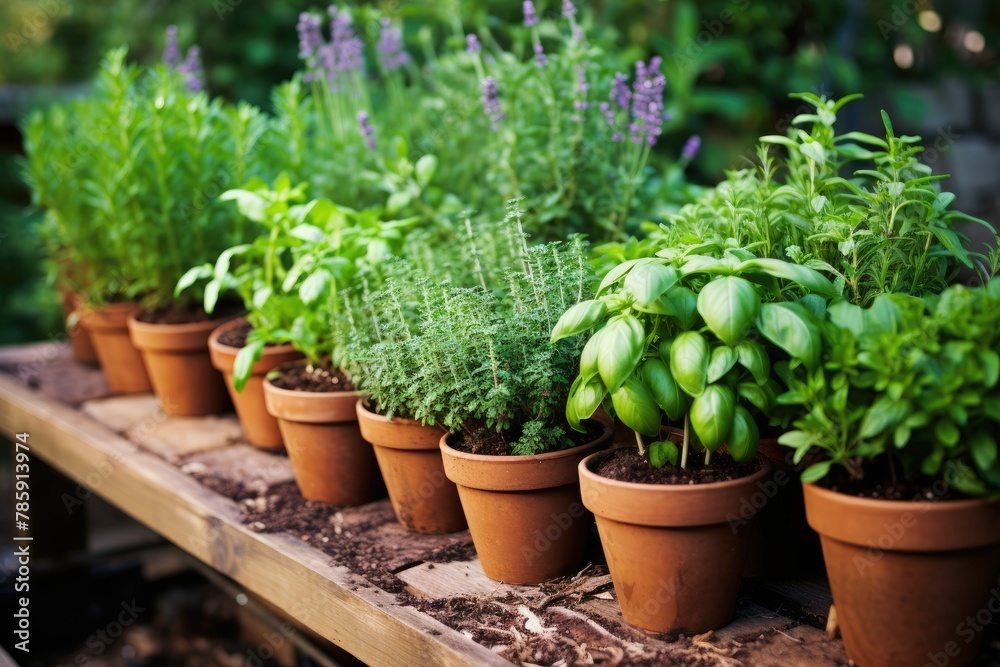 Herb Garden: Various herbs thriving in small pots.
