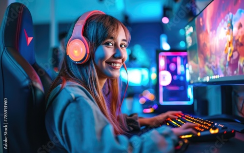 Smiling cheerful girl sitting in front monitor microphone when a live streaming a video game