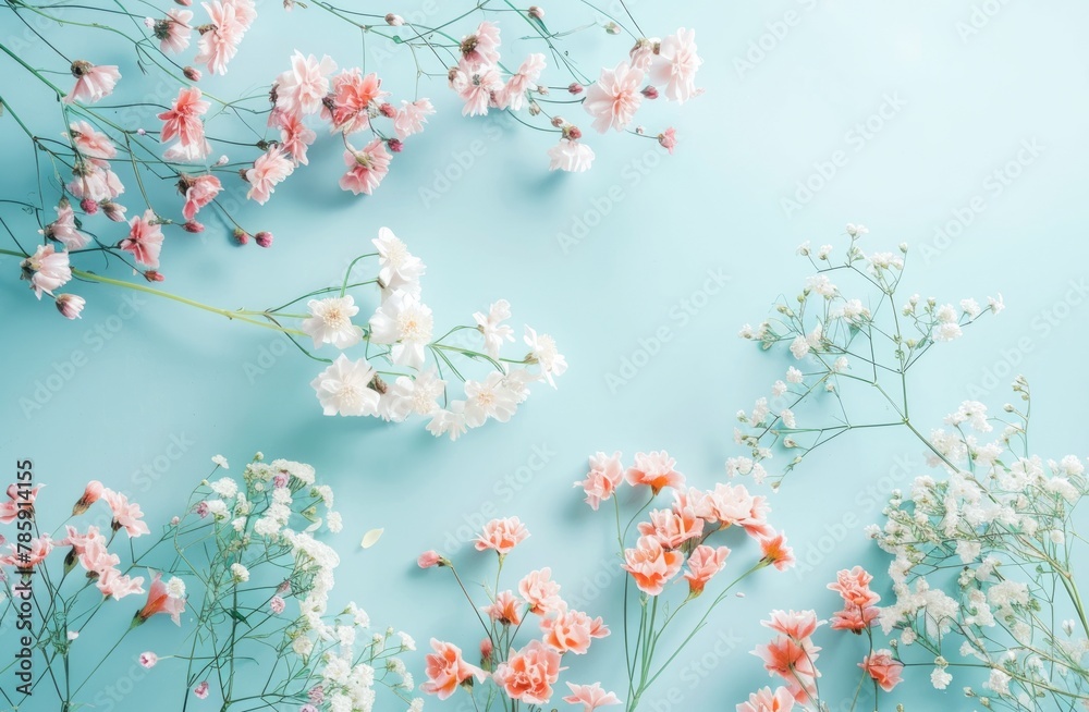 Assorted Spring Blossoms Artistically Scattered on a Soft Blue Background