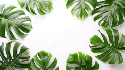 A serene arrangement of lush green leaves against a white backdrop, providing a simple and elegant setting with room for text.