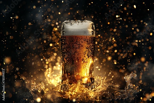 Glass of beer on a black background with golden bokeh and smoke