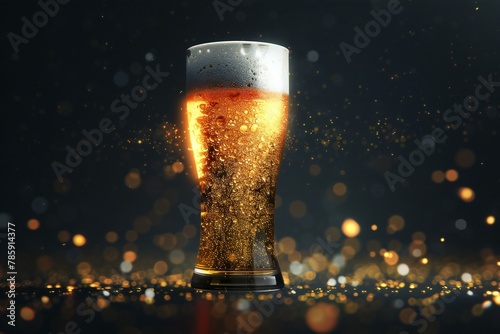 Glass of beer with splashes on a dark background, rendering