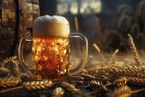 Glass of beer with foam on the background of a barrel and ears of wheat