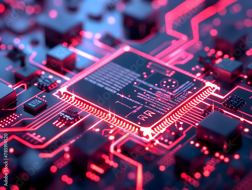 close-up view of high-tech computer chips, Futuristic central processor unit. Powerful Quantum CPU on PCB motherboard with data transfers