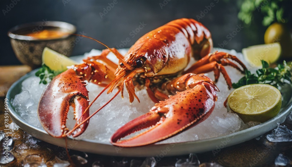 piatto gourmet di aragosta su ghiaccio primo piano piatto gourmet di aragosta su ghiaccio primo piano