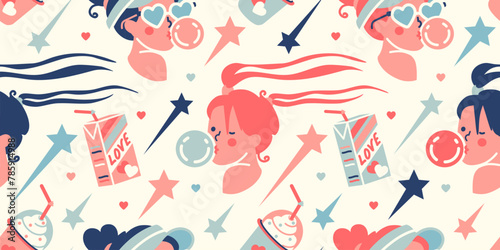 Cool 90's party style seamless wallpaper. Flat style vector background. Fun swirly haired teen girls with summer beach items: bubble gum, juice, hearts, sunglasses and ice cream.