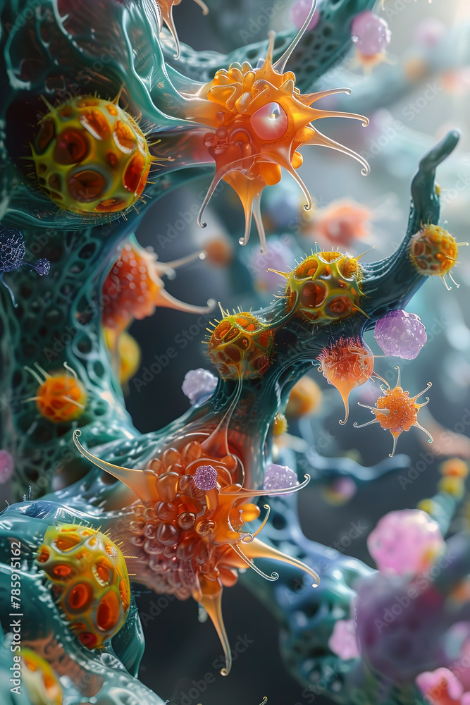 Naklejka premium Hyper-Detailed Microscopic Visualization of the Immune System's Response to Endoparasitic Infestations,Cinematic Photographic Style,Ultra HD