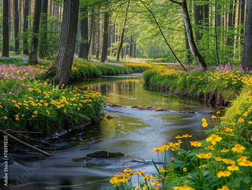 The small river flows through the forest, In the spring, there is an endless garden on both sides of the river in the forest. The trees and flowers bloom with colorful colors. 
