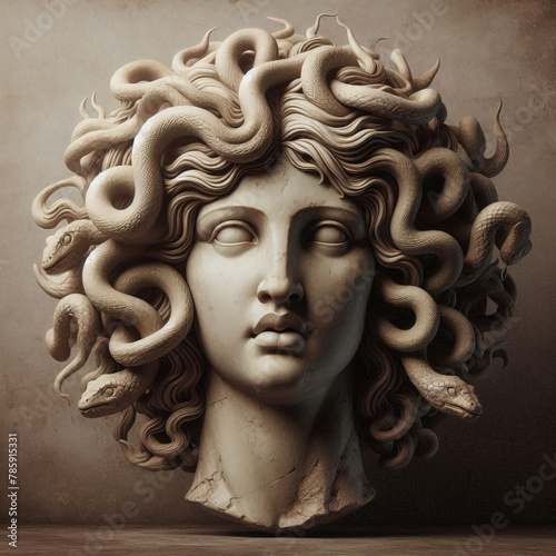 The Classic Depiction Of The Head Of The Gorgon Medusa From Ancient Mythology. A Gloomy Awesome Look Horror Fright. 