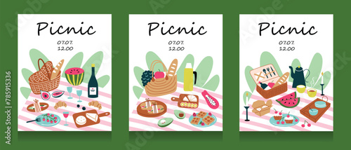 Picnic invitation cards, cartoon compositions with blankets and wicker baskets, set of postcard templates with copy space, vector arrangements with picnic food, wine, fruit, summer collection
