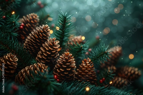 Christmas tree with pine cones and lights on bokeh background