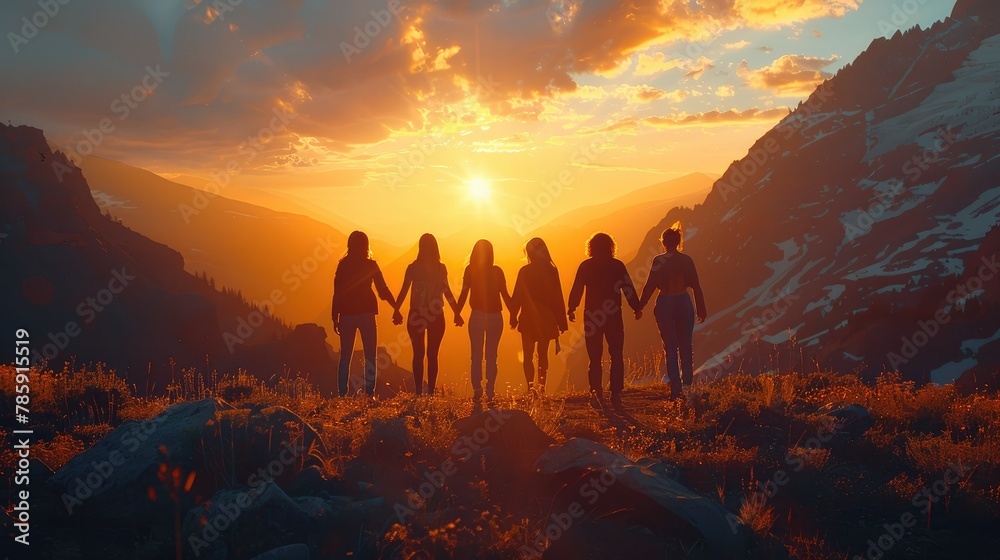 Five people holding hands, beautiful mountain backdrop in the background, glowing light. Generative AI. Five people holding hands, beautiful mountain backdrop in the background, glowing light. Generative AI.