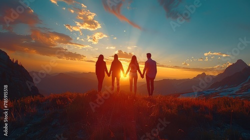 Five people holding hands, beautiful mountain backdrop in the background, glowing light. Generative AI.