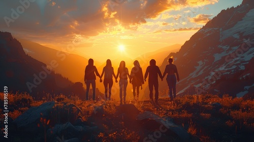 Five people holding hands, beautiful mountain backdrop in the background, glowing light. Generative AI.