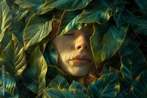 Woman entwined with leaves, natures embrace, soft lighting, tranquil pose, harmonious with earth, portrait style, 